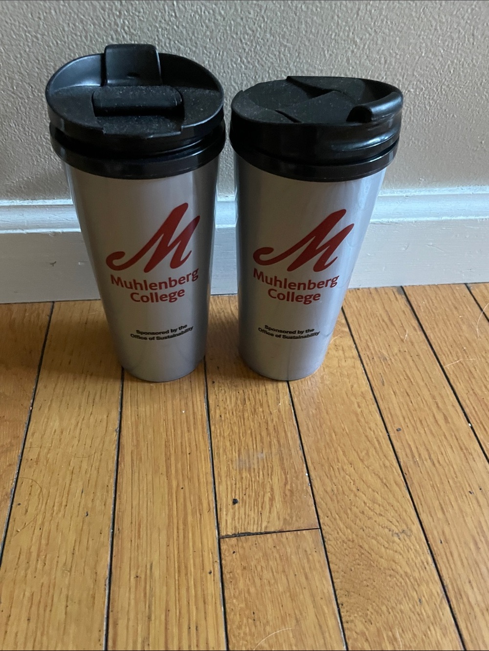 Muhlenberg College Stainless Travel Mug - Silver with Red Logo (Set of 2)